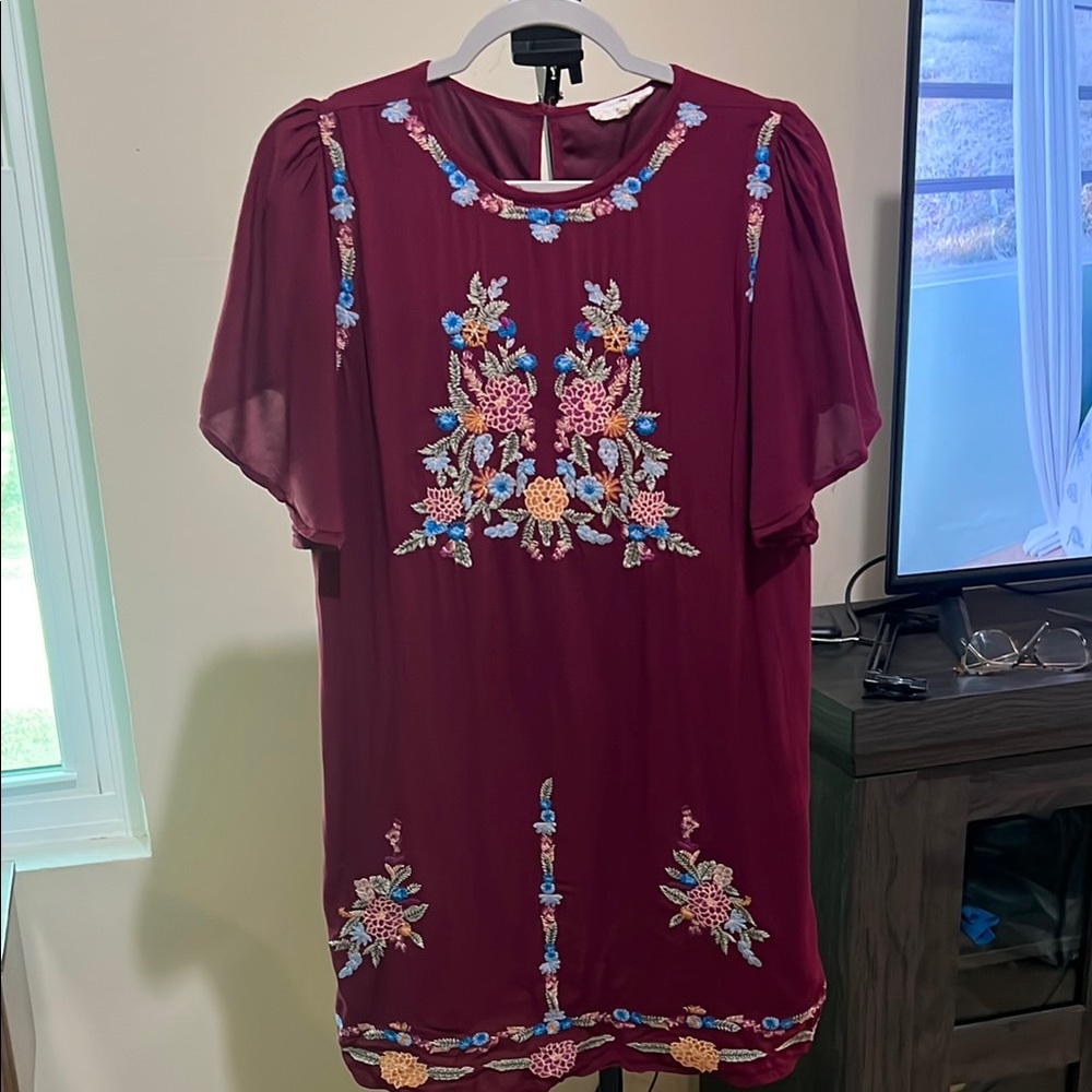 Entry Embroidered Maroon Flutter Sleeve Women's dress